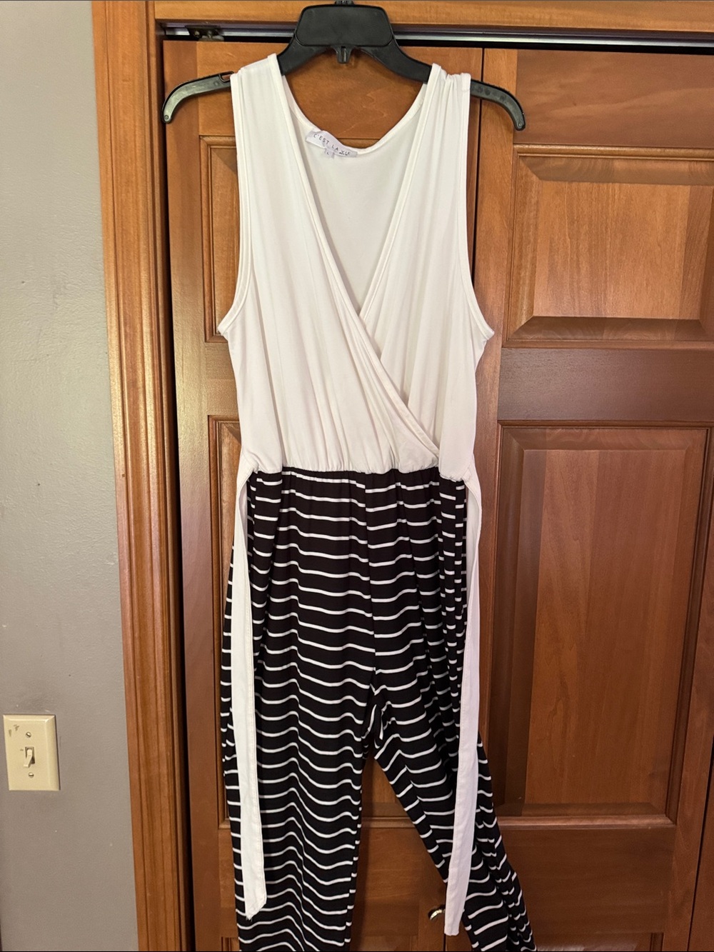 Sleeveless White & Black Striped Wrap Jumpsuit